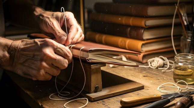 Close-Up of an Artisan's Hands Meticulously Stitching a Book Cover, Surrounded by Tools and Stacked Leather-Bound Books.