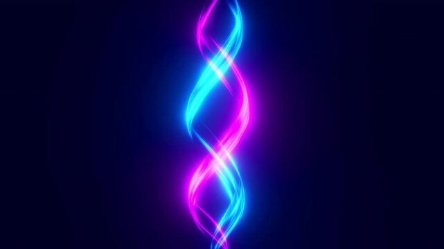 Intertwined cyan and magenta neon light ribbons forming a vertical double helix