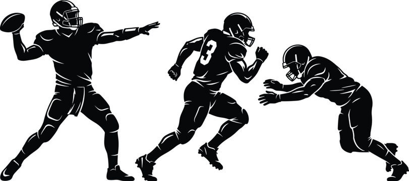 American football players action silhouettes vector set with quarterback throwing ball running and tackling graphics