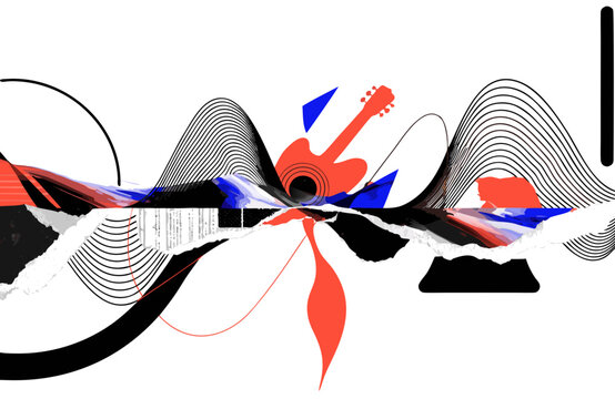 Abstract music concept with electric guitar and sound wave collage, abstract