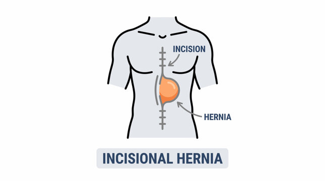 Medical illustration of an incisional hernia, showing a bulge occurring at the site of a previous surgical incision on the human abdomen.