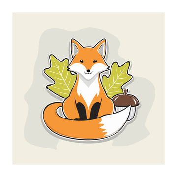 Cute cartoon fox with autumn leaves and acorn