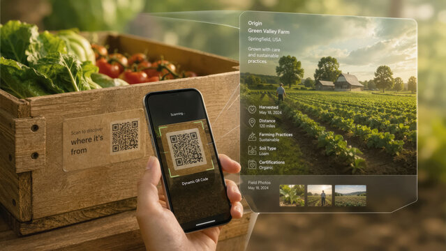 Person scanning dynamic QR code on a wooden box to see product origin and farm via AR overlay
