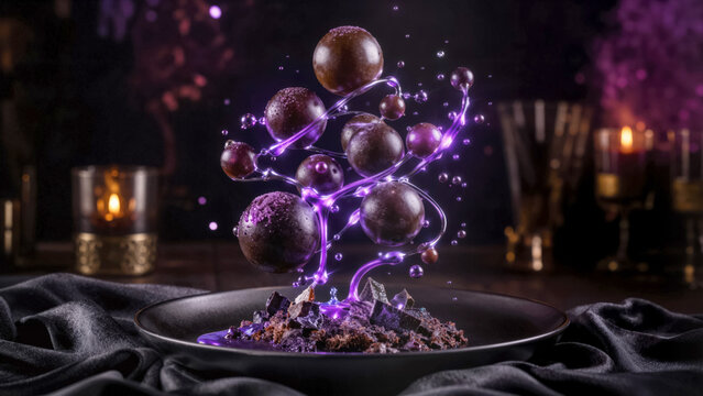 Photorealistic anti-gravity dessert with floating chocolate spheres and glowing violet syrup in a dark neon setting