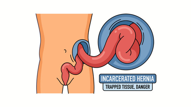 Medical illustration of an incarcerated hernia, showing trapped intestine tissue protruding through an abdominal opening. Represents a dangerous health condition.