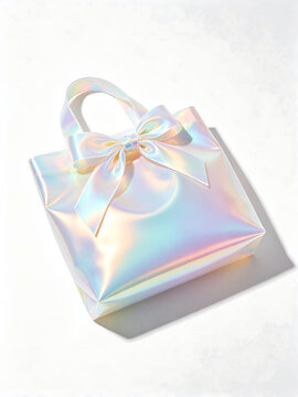 Shiny holographic iridescent favor bags with integrated ribbon handles and front bow details, mirror-like shifting rainbow finish, displayed against a solid white studio background with gentle diffuse