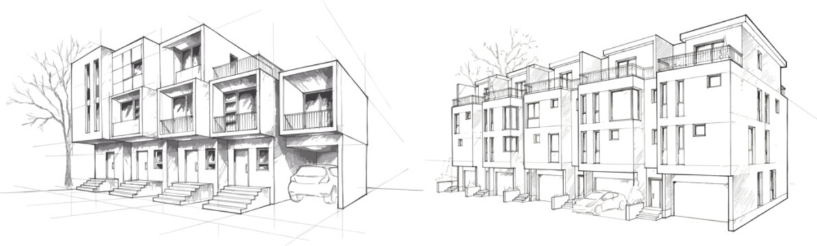 Modern townhouse complex architectural perspective sketches featuring multi-level residential design and exterior concepts illustration