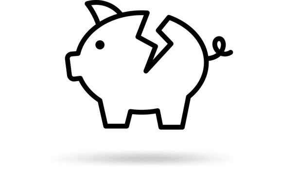 Broken piggy bank line icon representing financial crisis, bankruptcy, loss of savings and debt