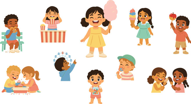 Cute Cartoon Diverse Children Having Fun at Amusement Park Carnival Eating Festival Snacks and Treats Vector Character Set for Kids Birthday Designs