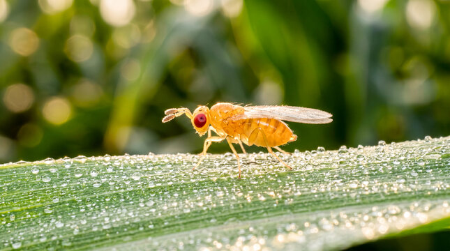 Biocontrol insect adult trichogramma walking on dewcovered leaf in the morning
