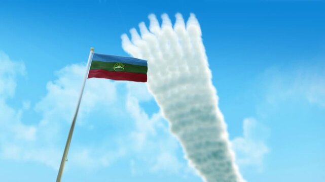 Karachay Cherkessia Flag 3D Render Animation on Pole with Fighter Jets Smoke Trails in Blue Sky - Low Angle View