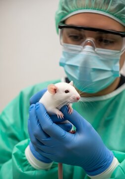 Scientist holding white laboratory rat animal