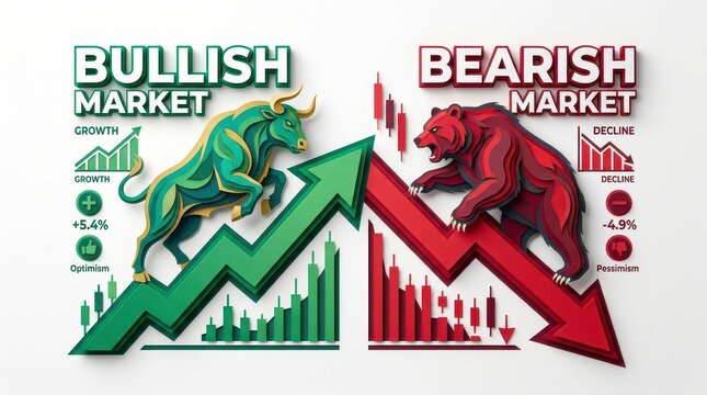 Bullish market and bearish market chart with bull and bear, growth and decline arrows, trading trend, finance concept, optimism and pessimism