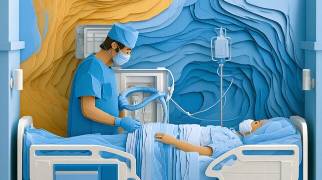 Hospital room doctor patient bed ventilator mask nurse monitor intravenous treatment