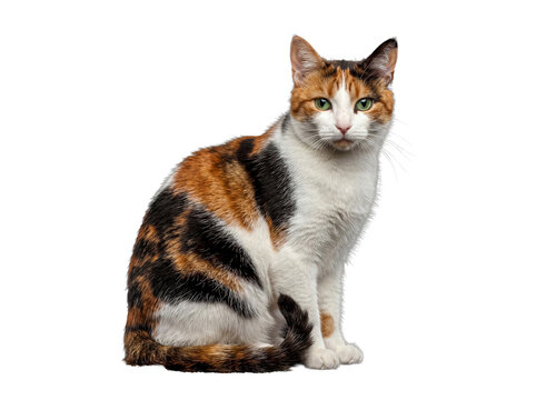 Calico cat with vibrant green eyes sitting attentively, looking directly forward, isolated on a transparent background.