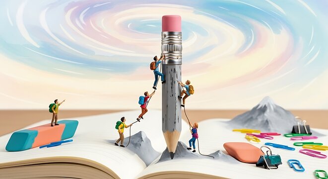 Miniature people climb a giant pencil standing upright on an open notebook as they trek across a paper landscape featuring erasers and paperclips to represent a creative journey of discovery.