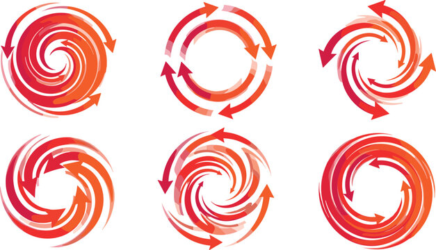 Red and Orange Spiral Arrow Icon Set with Typhoon Cyclone Vortex Twister and Circular Rotation Diagrams for Weather or Process Graphic Designs