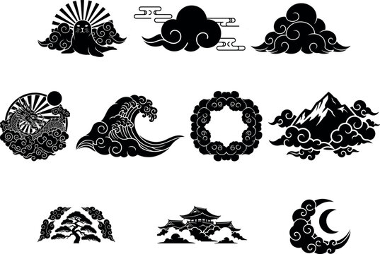 Japanese Cloud Ornament Silhouette Vector Illustration Asian Decorative Set
