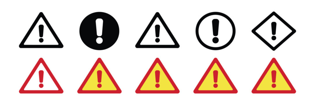 Hazard warning signs, caution triangles yellow red alert symbols exclamation mark icon set grid background isolated vector graphics for safety communication design.