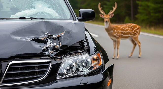 Damaged car and deer on road car accident collision