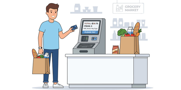 Self checkout grocery terminal vector illustration with happy male customer paying for food with credit card