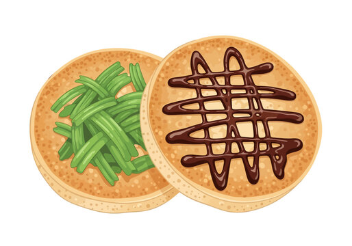 Two round crackers topped with green beans and chocolate drizzle.