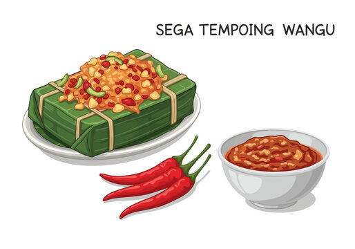 Illustration of traditional Indonesian Sega Tempoing Wangu rice dish with spicy sambal and fresh chili peppers.