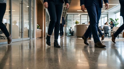 Fototapeta premium Corporate professionals walking along modern office hallway with polished floors and glass partitions.