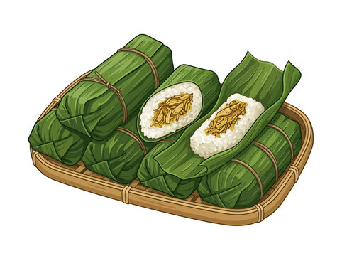 A basket filled with traditional Southeast Asian banana leaf wrapped sticky rice snacks.