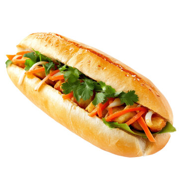 Delicious vietnamese banh mi sandwich with fresh vegetables and sesame seeds isolated on white background