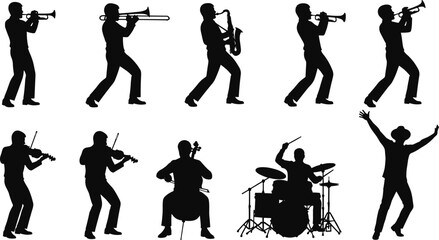 Musicians silhouette collection set, orchestra and jazz performance poses, music band vector bundle © Vexora Studio