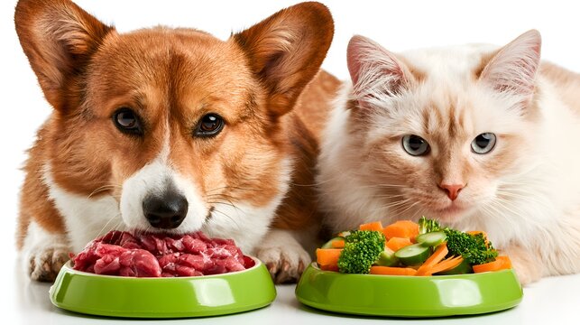 Corgi dog with raw meat and cat with fresh vegetables in green bowls, highlighting diverse pet diets