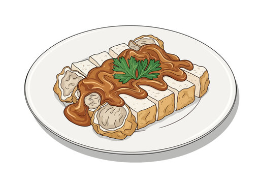 A hand drawn illustration of a plate of siomay with peanut sauce.