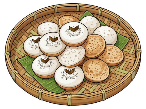 A collection of traditional Indonesian Apem cakes served on a woven bamboo tray.