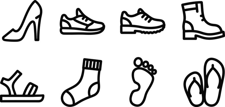 Editable stockline icon set footwear accessories shoes socks sandals footprints vector graphics