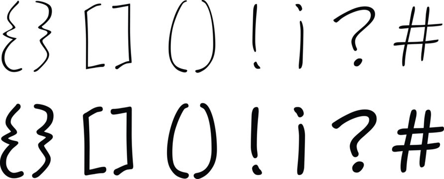 Hand drawn abstract punctuation and symbol pattern with bold black doodle shapes on a light background. Modern seamless design featuring brackets circles exclamation marks and question signs in a play