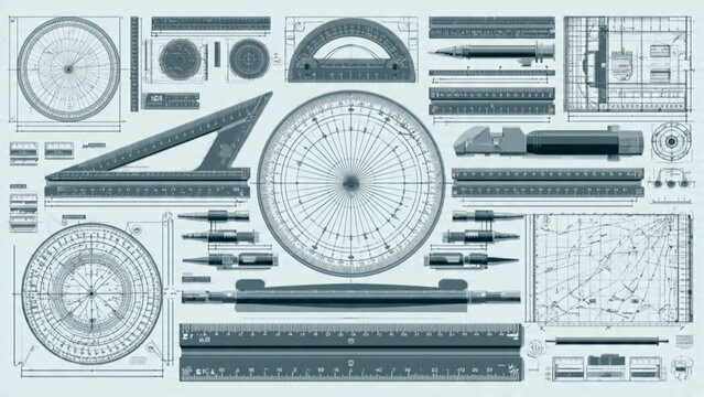 Technical drawing tools and geometric instruments for drafting and design in a blueprint style