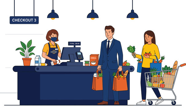 Supermarket checkout counter vector illustration with cashier scanning groceries for customers standing in queue line
