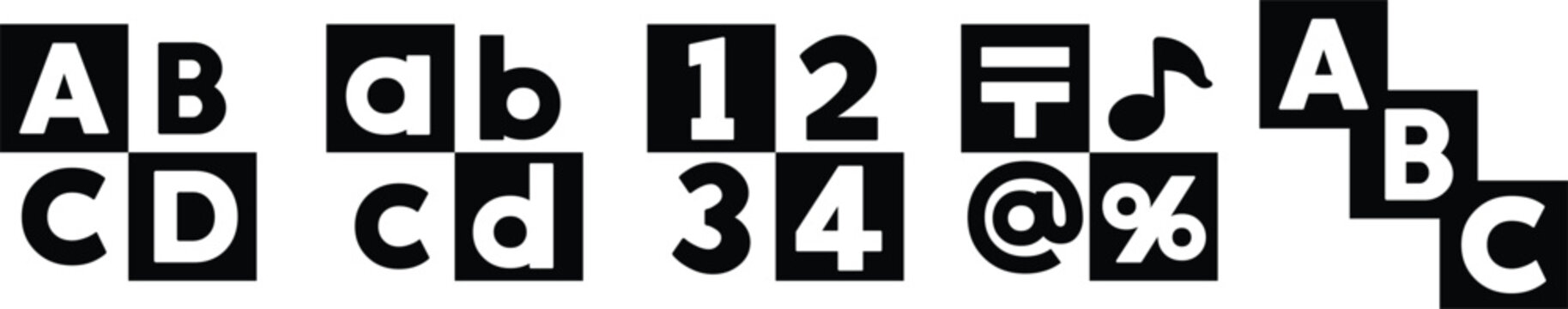 ABCD text and symbol icon collection featuring letters, numbers, punctuation, and music signs in bold geometric blocks. Minimal black and white typography design with clean structure. Ideal