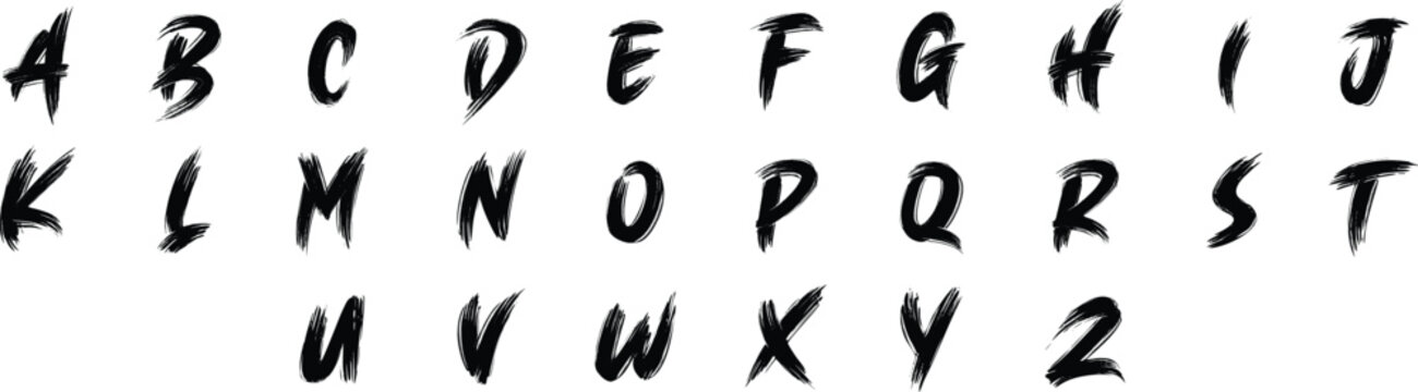 Handwritten brush alphabet lettering set isolated on white background. Artistic uppercase characters with expressive ink strokes for typography and branding projects. Vector font collection.