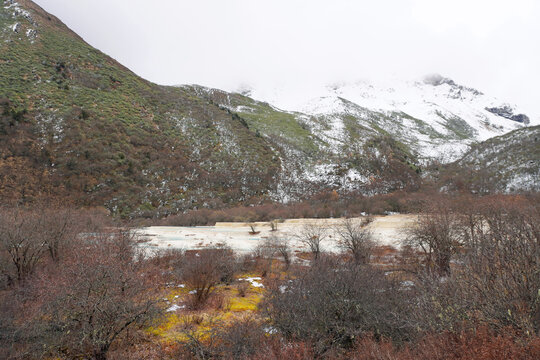 Beautiful scenic Huanglong Valley , a turquoise, calcite-rich pools along the limestone terraces 