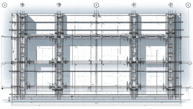 Construction blueprint detailed technical drawing of building framework with grid and structural elements