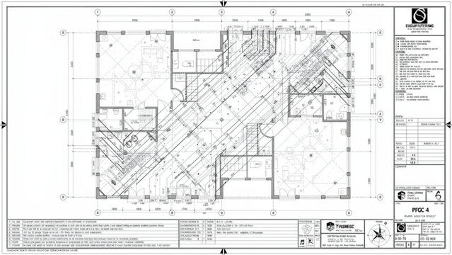 Architectural blueprint detailing interior layout with detailed lines and measurements for construction or renovation design