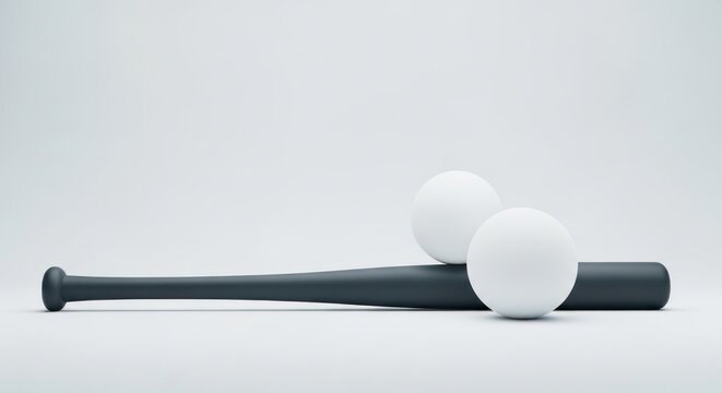 Dark baseball bat with two white balls on white.