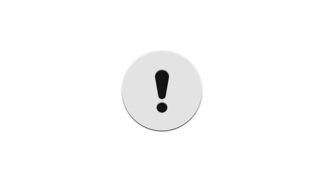 Animated white circle warning button with black exclamation mark icon popping up on white background.