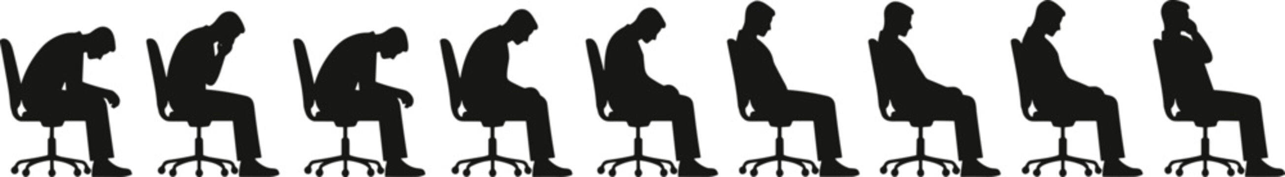 Seated businessman silhouette collection set, office posture and thinking poses, workplace vector character bundle
