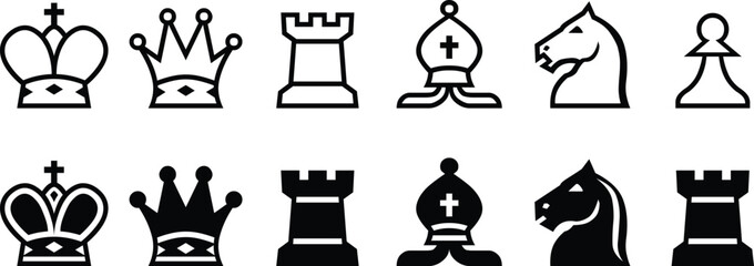 Chess Piece Icon Set with King Queen Rook Bishop Knight and Pawn Symbols. Minimal Black and White Strategy Elements Feature Classic Board Game Style. Vector Illustration Collection for Sports Apps © Parul