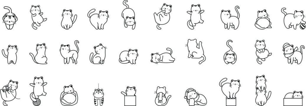 Cute hand drawn cat doodle collection with playful feline poses in minimal line art style. Adorable pet illustrations for stickers and creative projects. Perfect for branding
