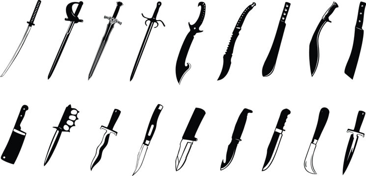 Collection of knives, swords, and edged tool silhouettes featuring tactical, hunting, and decorative blade designs. Detailed monochrome icon set showcases sharp instruments in varied styles. Clean 