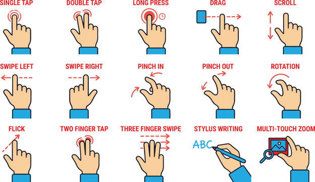 Touchscreen gesture icons collection, mobile interaction and multitouch controls, colorful vector illustration set